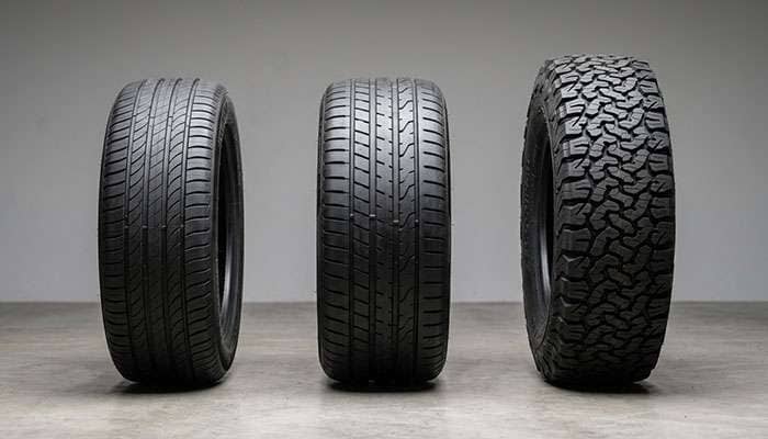 Three tires side by side representing touring, performance, and all-terrain categories for noise comparison