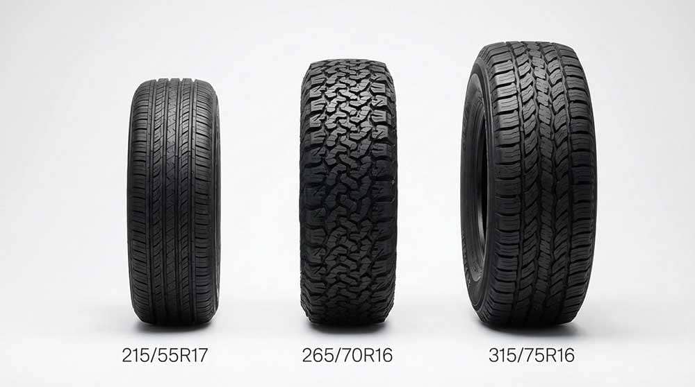 Detailed tire size comparison chart showing various dimensions