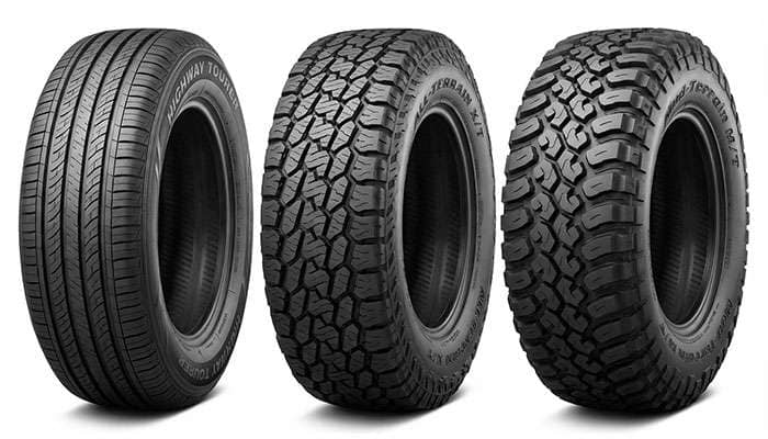 Three different tire types side by side showing tread pattern differences between highway, all-terrain, and mud-terrain tires