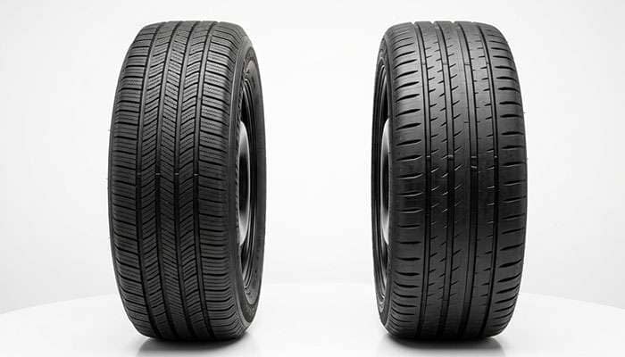 Side-by-side comparison of all-season touring tire and performance tire showing tread pattern differences