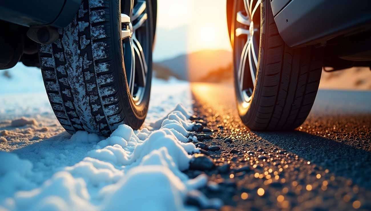 Close-up of winter and summer tires on snowy and dry road at sunset illustrating tire performance in extreme weather