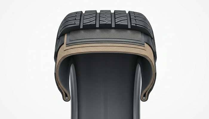 Cutaway diagram of a radial tire showing steel belt layers slightly off center under the tread causing a cone shaped profile