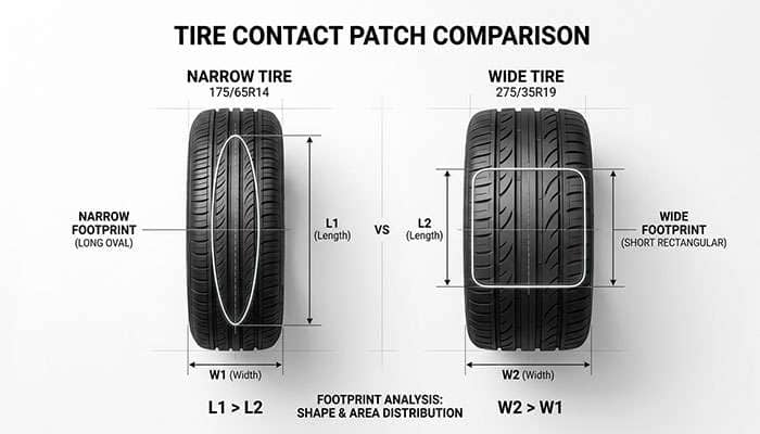Top-down diagram comparing a narrow tire's longer narrow contact patch versus a wide tire's shorter wider contact patch on a white background