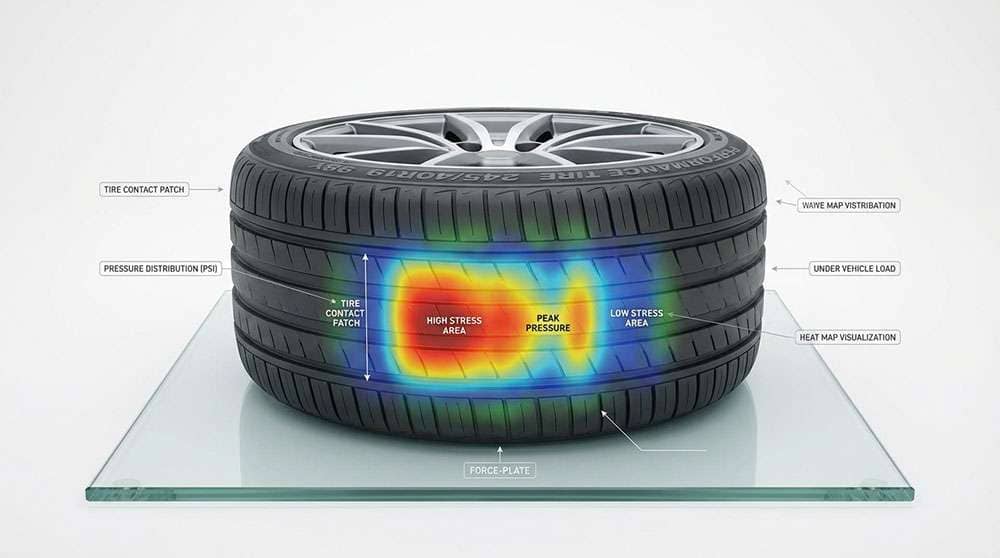 Tire contact pressure distribution and dynamic analysis illustrating stress variations under load conditions