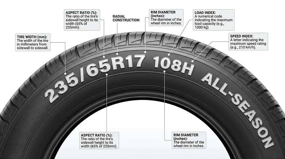 Diagram explaining tire size components including tire width, aspect ratio, rim diameter, load index, and speed index on a tire sidewall