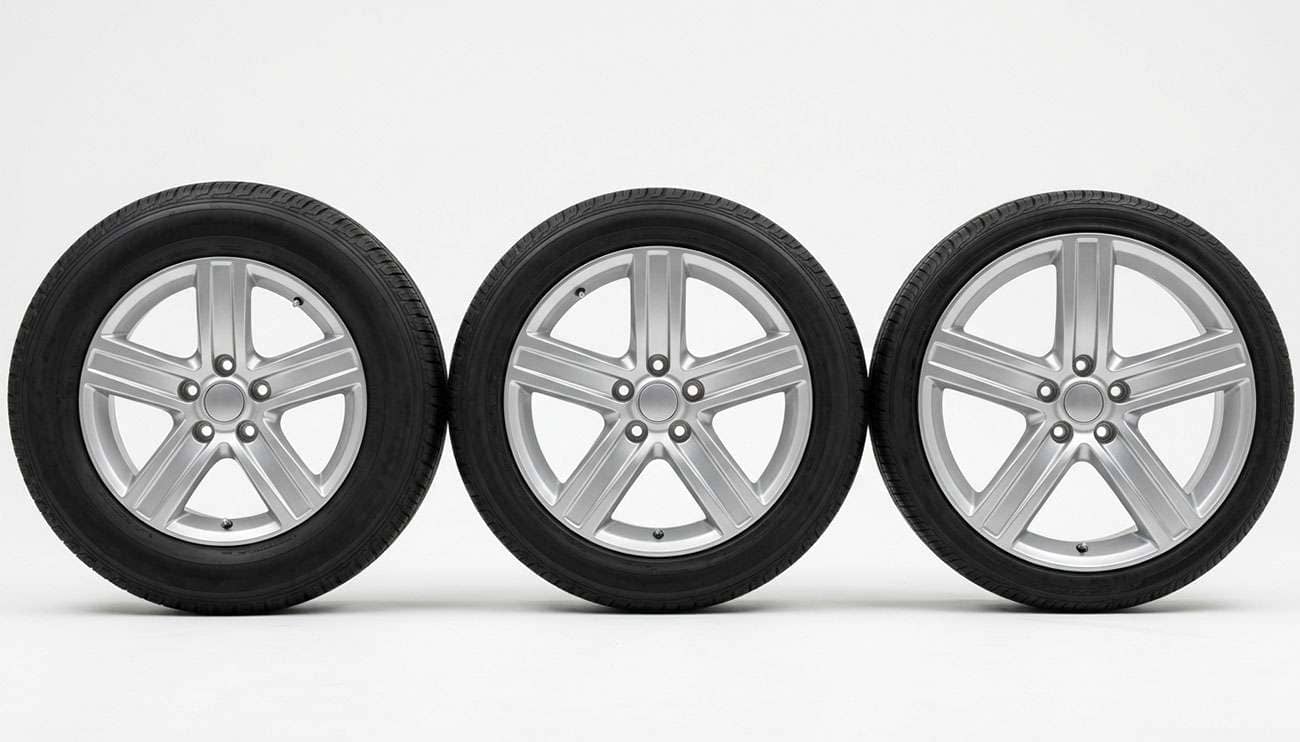 Three wheel and tire assemblies of the same overall height on 17, 19, and 22 inch rims showing progressively shorter sidewalls