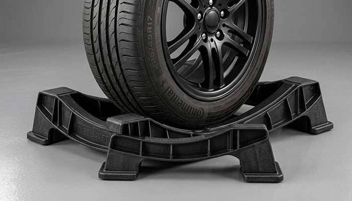 Set of tire cradle storage ramps under a vehicle tire protecting against flat spots during long-term storage