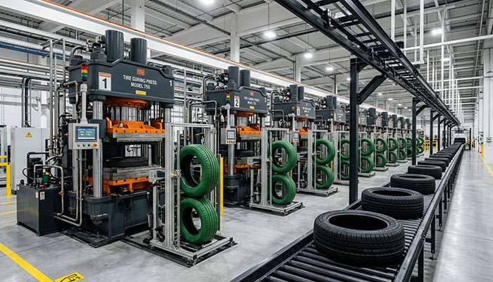 Row of tire curing presses on a modern tire factory floor