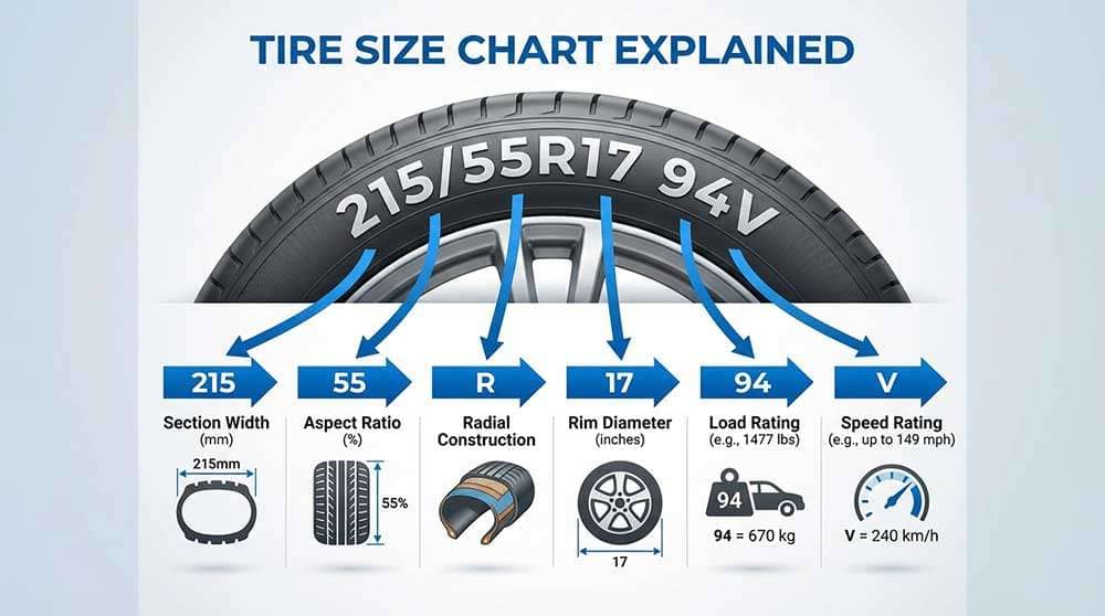 Tire size chart explaining section width, aspect ratio, radial construction, rim diameter, load rating, and speed rating details