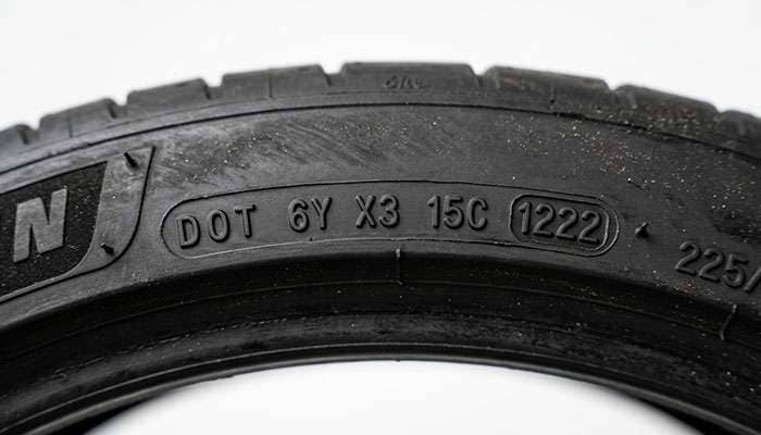 Close-up of a DOT date code stamped on a tire sidewall against a clean white studio backdrop