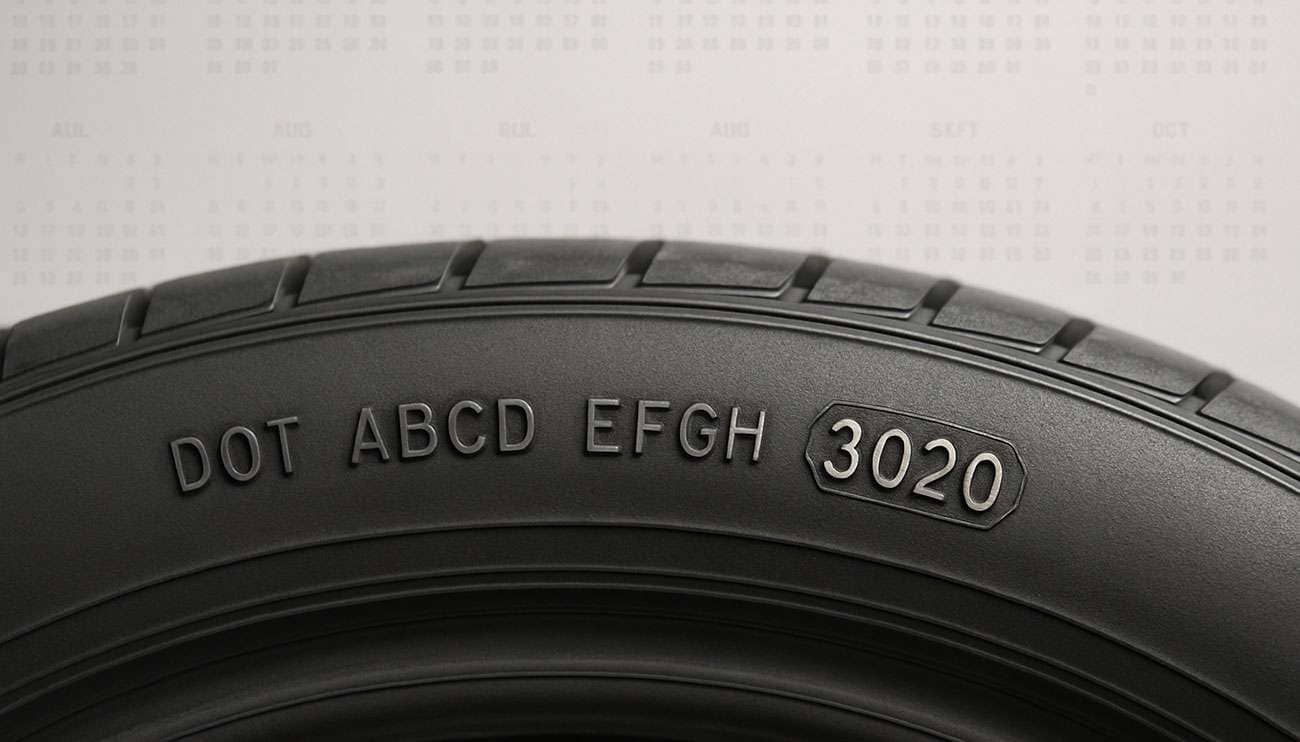 Close-up of tire sidewall showing the DOT code date area—tire age / DOT date checker hero