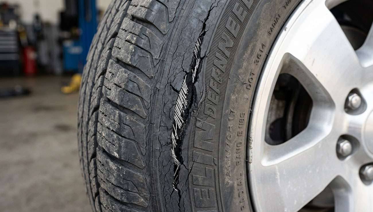 close up of severe tire dry rot showing deep sidewall cracks and weather checking on black rubber tire