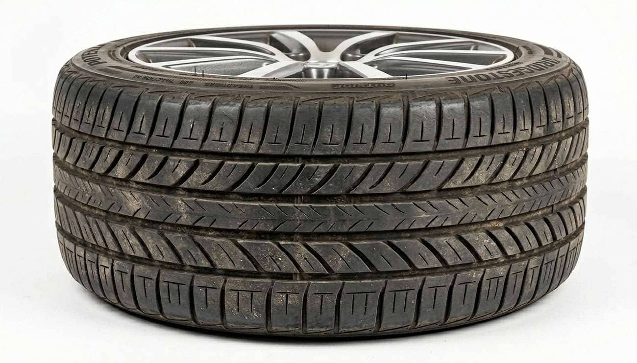 Close-up of a tire tread showing feathered, angled wear across the tread blocks