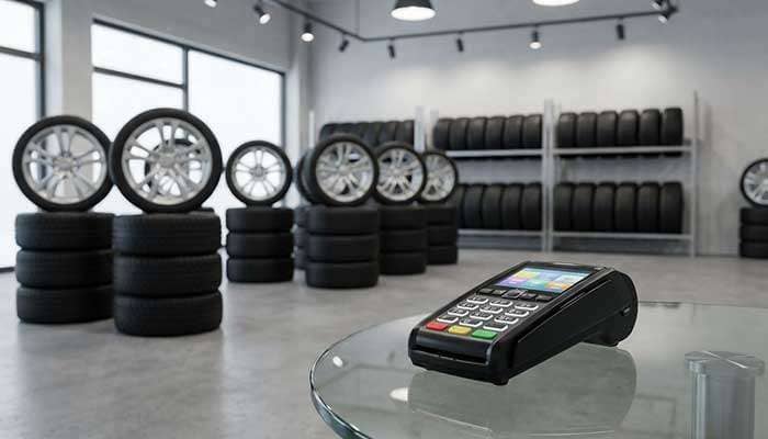 Digital payment terminal on glass table with car tires and rims displayed in background at tire shop