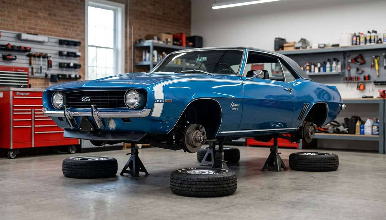 Classic muscle car sitting on jack stands inside a clean garage with tires visible off the ground
