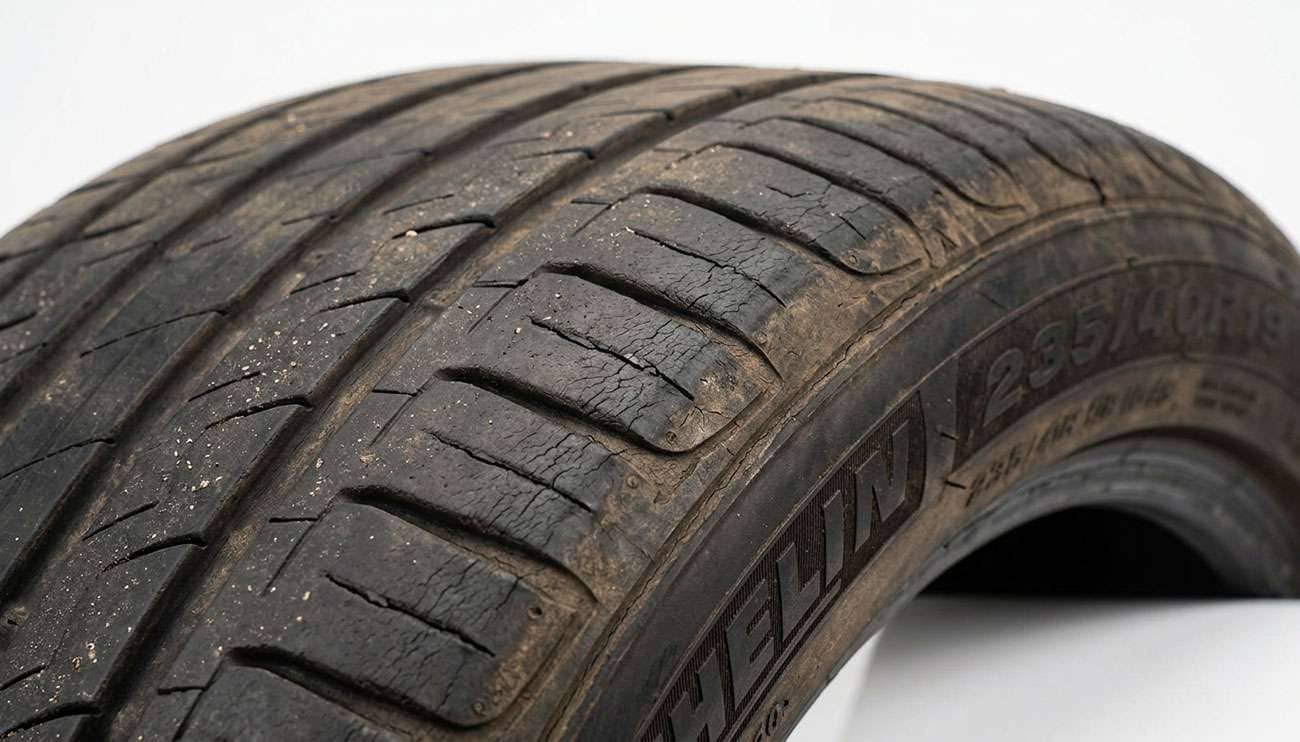 Close-up of a tire shoulder showing cracked and darkened rubber from long-term heat damage
