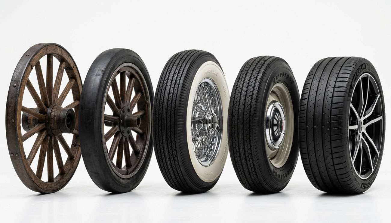 Collection of tires showing the evolution from antique whitewall bias ply to modern radial tire on a clean white studio surface