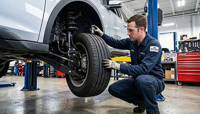 Mechanic inspecting tire tread wear and suspension components during vehicle service