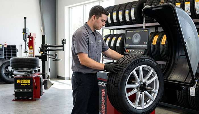 Technician mounting and balancing a new tire on a wheel balancer in a tire shop