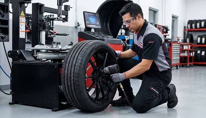 Technician using a power tool to install a tire on a vehicle at Firestone Complete Auto Care