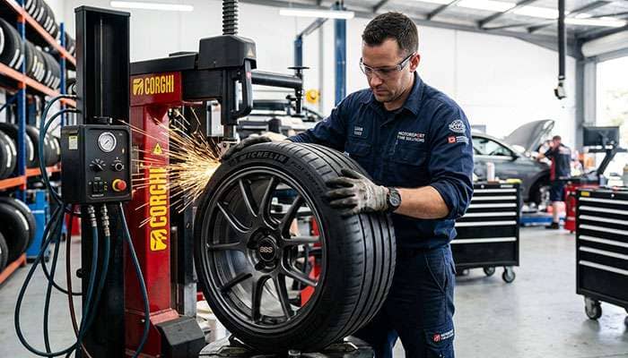 Automotive technician mounting a tire onto a wheel rim using professional tire mounting equipment