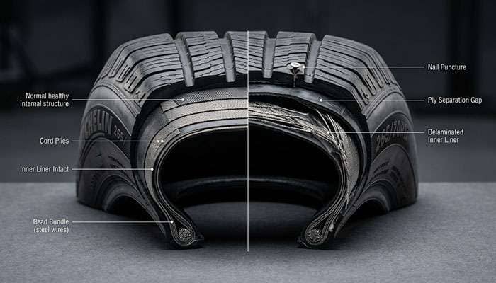 cross section of a tire showing internal ply separation damage that occurs from driving underinflated even briefly after a nail puncture