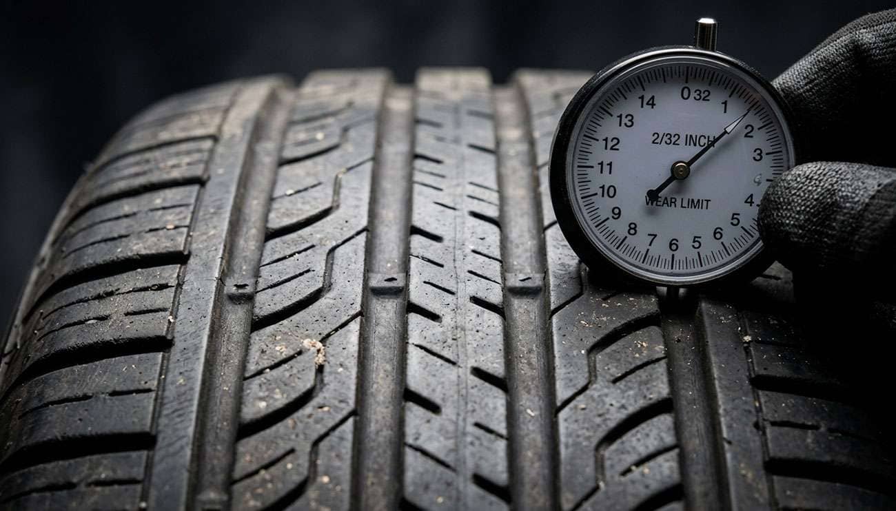 Close-up of tire tread wear indicators on a passenger car tire showing lifespan measurement