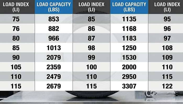 Load Index and Capacity Chart showing load indices and corresponding load capacities in pounds for tires