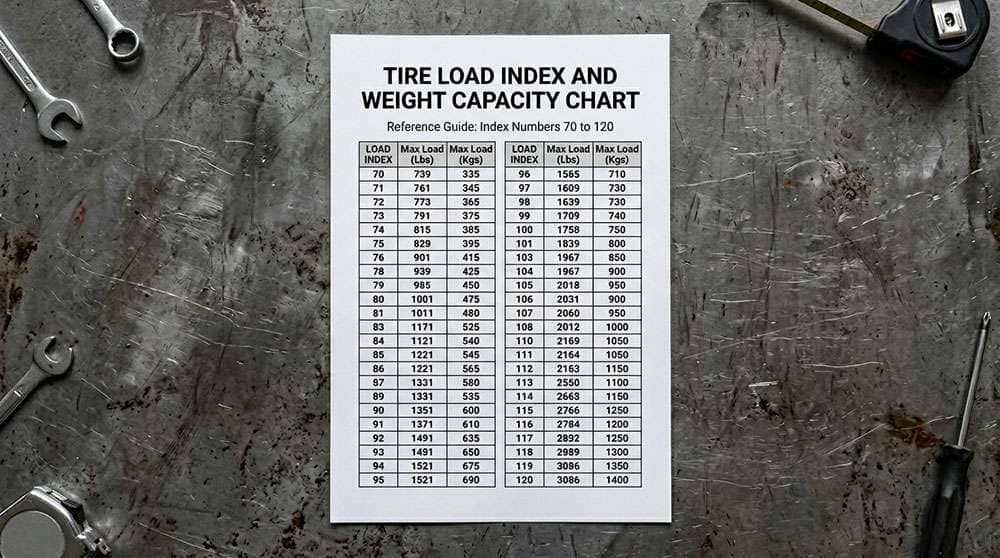tire load index reference chart showing load index numbers from 70 to 120 with corresponding maximum weight capacities in pounds