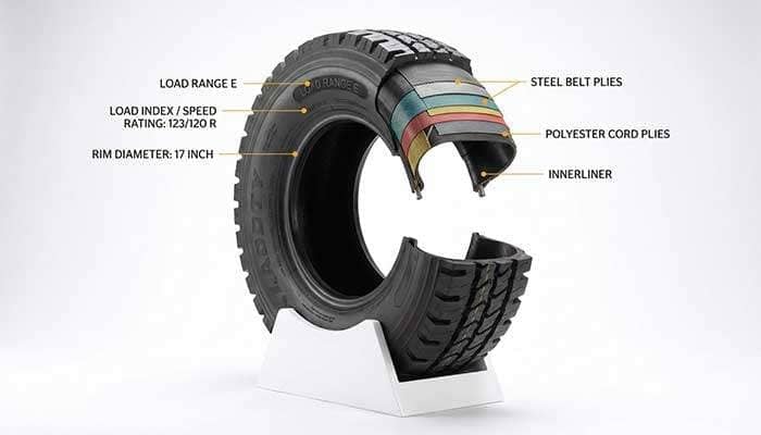 Diagram of a tire labeled with parts such as load range, load/speed rating, rim diameter, and tire ply composition details