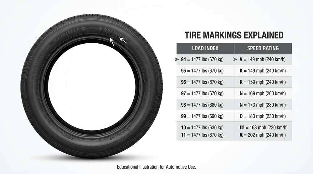 Tire sidewall showing load index and speed rating markings with explanation chart