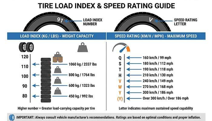 Infographic explaining tire load and speed ratings with a complete guide by Tyroola