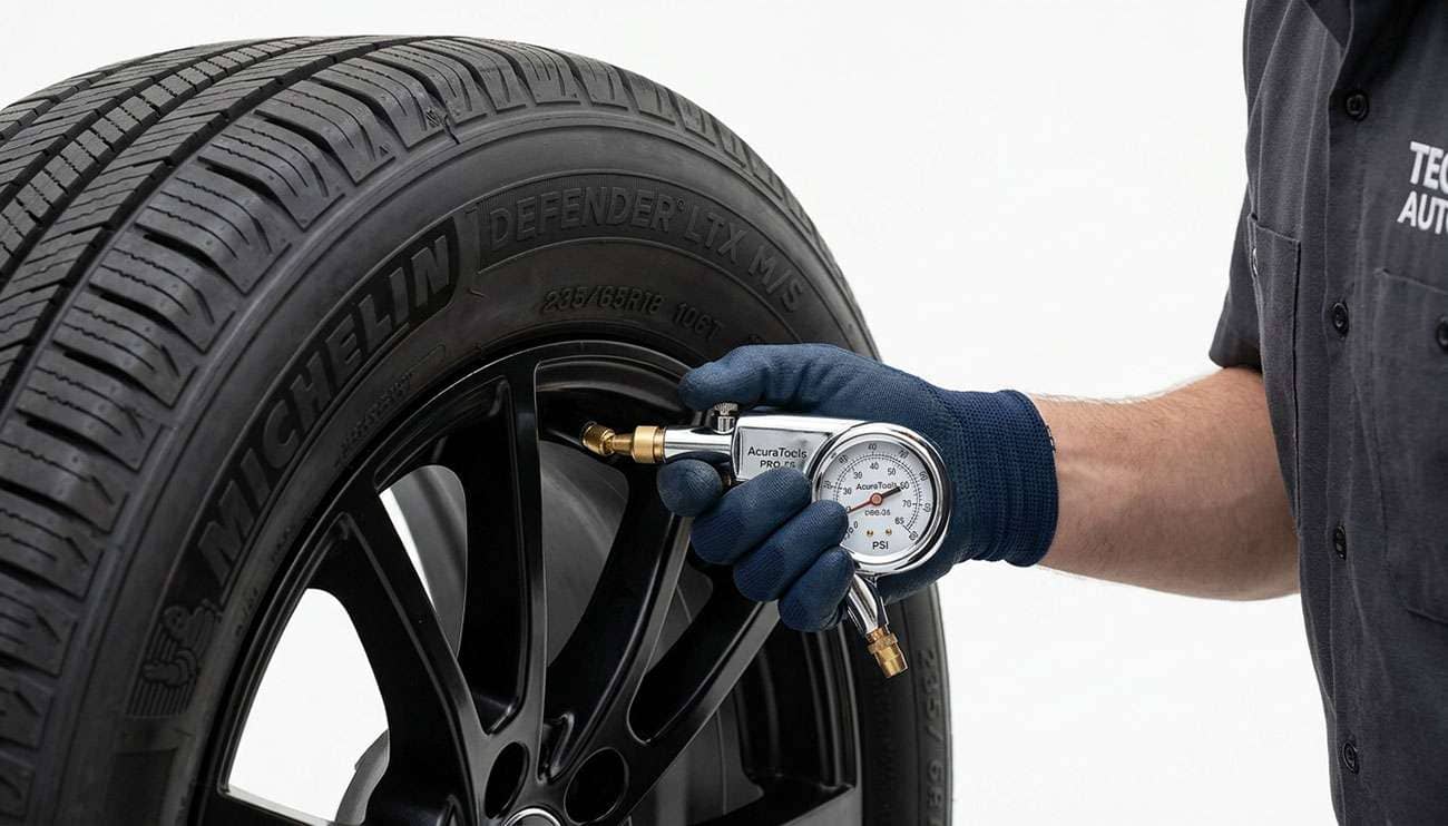 Technician using a tire pressure gauge on a mounted tire against a clean white studio backdrop
