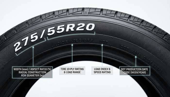 Diagram explaining tire markings including width aspect ratio radial construction rim diameter speed rating tire ply ratings and load range and production details
