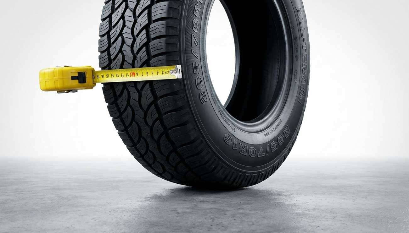 Close-up of a car tire next to a yellow measuring tape on pavement, illustrating tire size and width measurement