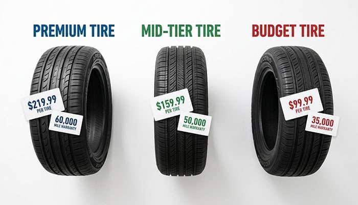 Chart comparing tire mileage warranties and cost per mile across premium mid-tier and budget tire categories
