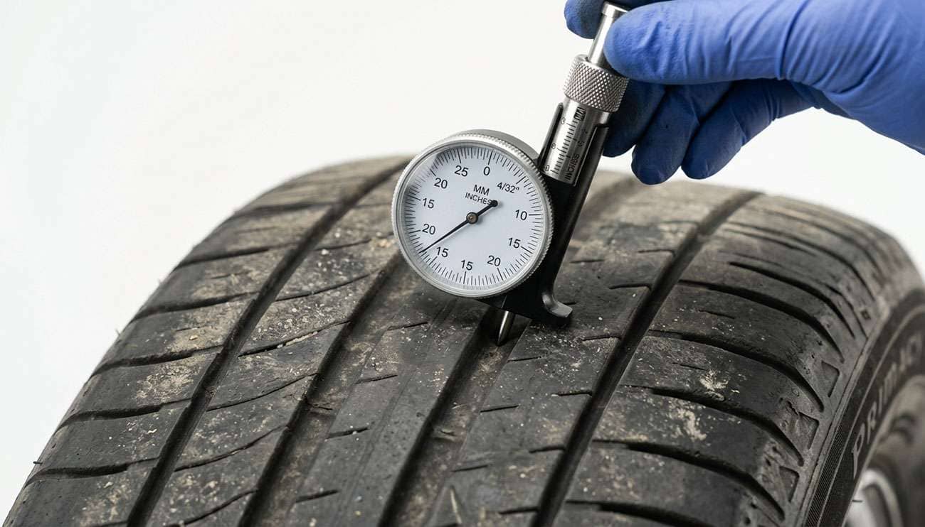 Tread depth gauge measuring a worn tire to check mileage warranty eligibility