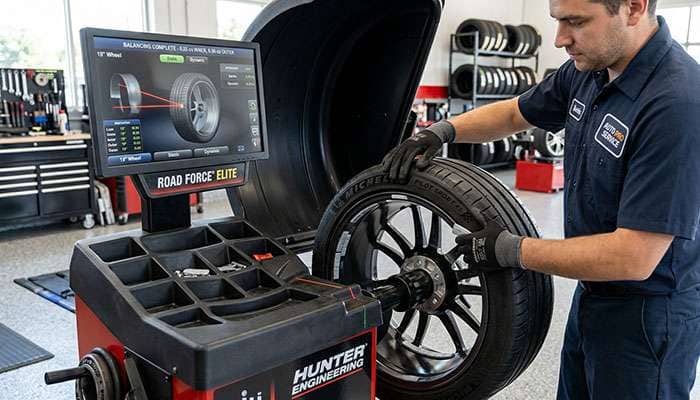Technician balancing a newly mounted tire and wheel on a wheel balancer in a tire shop