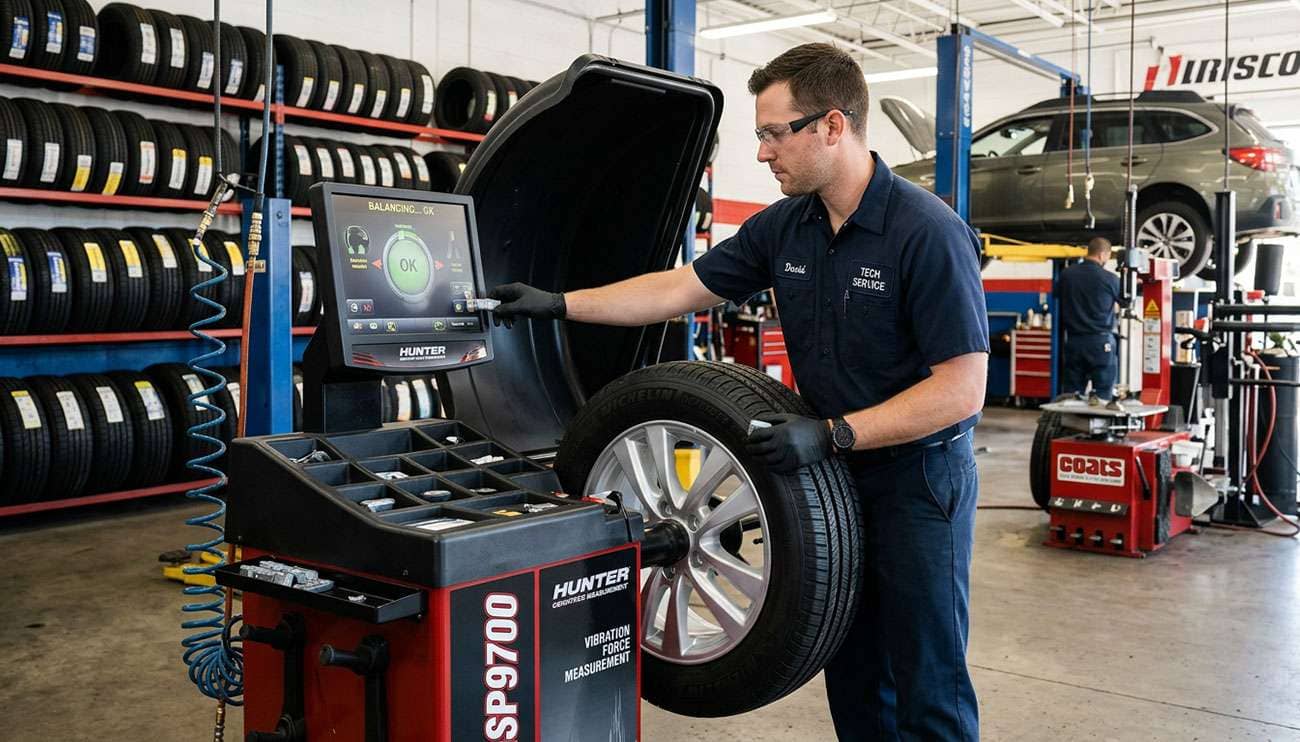 Tire mounting and balancing service at an automotive shop with technician using balancing machine