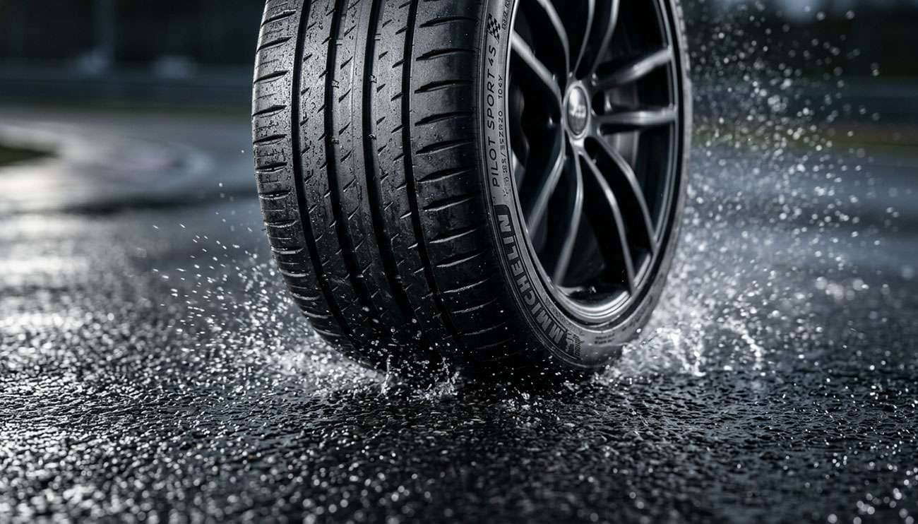 Close-up of a tire rolling on wet pavement showing tread pattern that causes tire noise