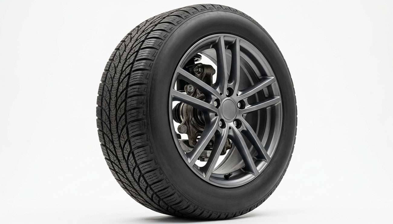 close-up of a car wheel and tire in motion on highway pavement illustrating the source of a humming or growling driving noise