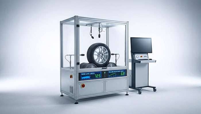 Professional tire testing equipment measuring noise levels and rolling resistance in controlled laboratory setting