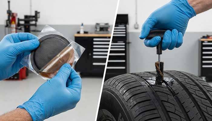 Side-by-side image showing a tire patch in gloved hands and a person plugging a hole in a car tire