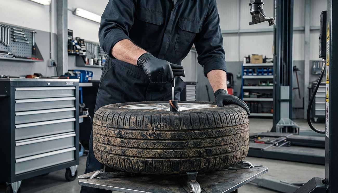 Mechanic wearing black gloves repairing a car tire with a tire plug tool in a garage setting