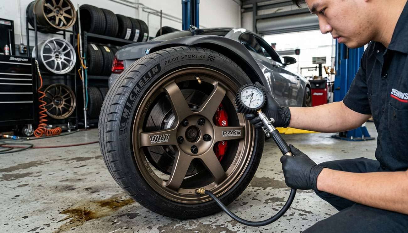 Close-up of a person checking tire pressure on a car with aftermarket wheels in a garage with spare wheels in the background.