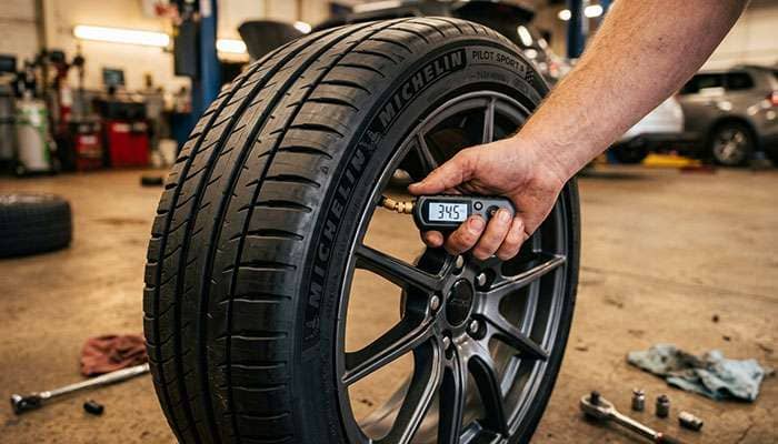 Driver checking tire pressure on new tires during the break-in period with a digital pressure gauge