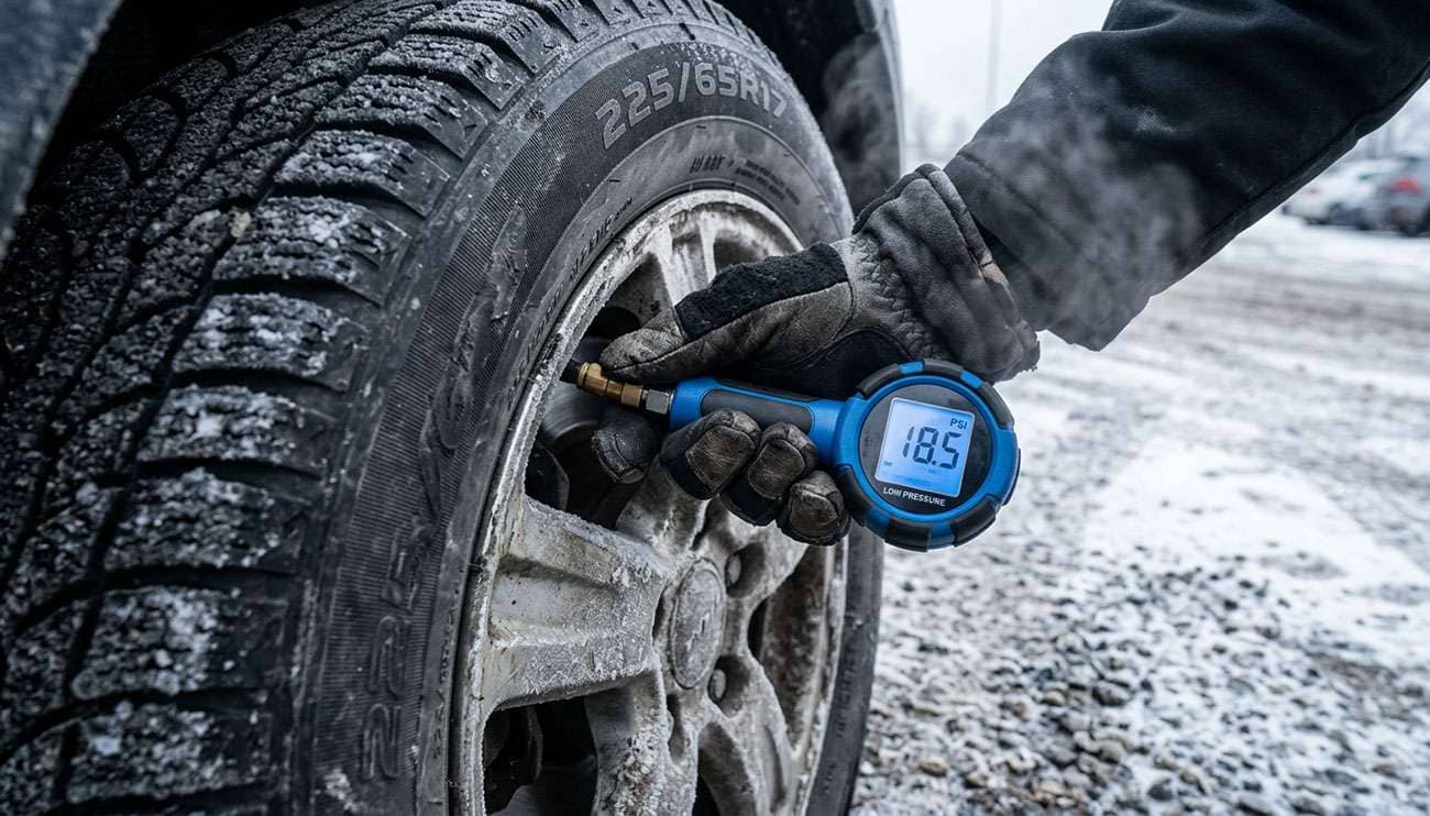 Tire pressure gauge being used on cold tire on frosty winter morning showing low pressure reading