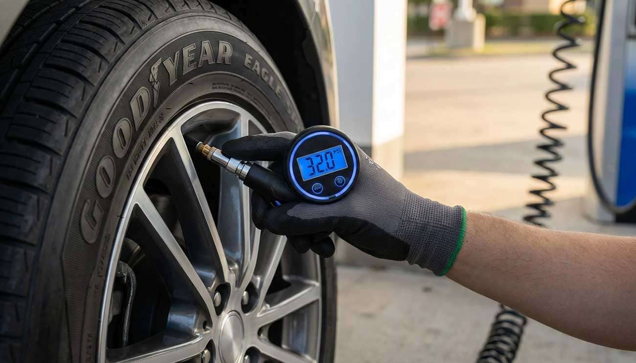 Hand holding a digital tire pressure gage near a car tire at a gas station to check pressure for fuel efficiency