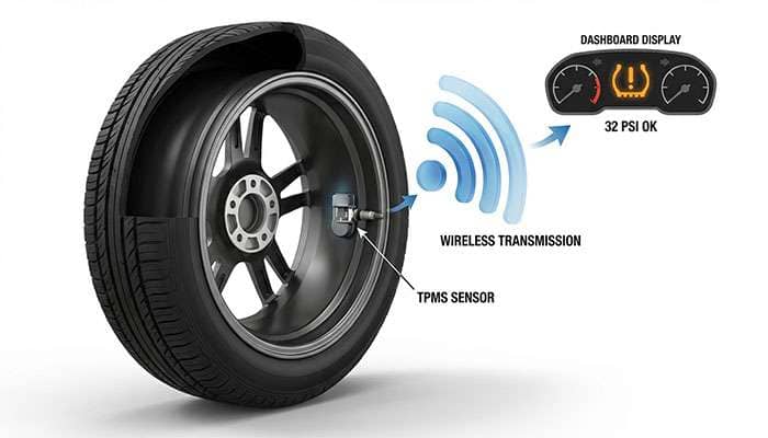 Diagram of a Tire Pressure Monitoring System utilizing feature fusion and family of algorithms for enhanced accuracy