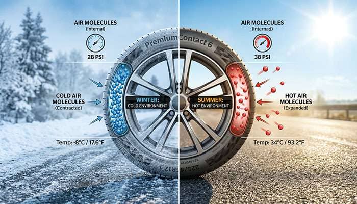 Infographic showing how tire pressure changes with temperature drops and increases